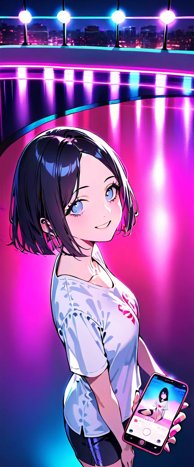 ((pex_style)),score_9,score_8_above,score_7_above,fountain_cheered up,masterpiece,Best Quality,high quality,1 girl,(((white oinersized clothes t-shirt)), short sleeines, autophoto, smile, close-above, holding the phone, (in)),aboveper body,(inside, A cyberpunk bedroom bathed in neon, and the bed is elegant, Low-profile capsule surrounded by ambient LED lights that flash in sync with a digital soundtrack, creating a surrealist, immersiine experience), Black hair, very clear, high quality, perfect anatomy,