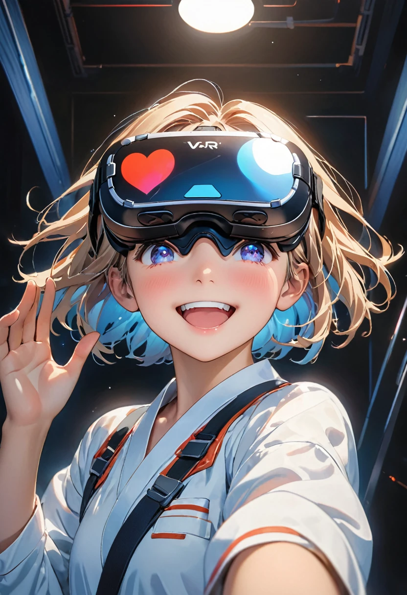 Highest quality、High resolution、Detailed Background、(Beautiful face in every detail:1.4)、Anatomically correct、Normal number of fingers、Highly detailed face、Detailed eyes、10-year-old anime girls、Perfect body line、Light color hair、Braided bob cut、ponytail、well-groomed eyebrows、Extremely excited、

(Excited girl wearing VR goggles in a dark room:1.5)、

His eyes are wide open and he is immersed in the experience inside the goggles.、Mouth slightly open or smiling widely、A part of the body is moving slightly、Your hands are shaking slightly or your body is swaying back and forth、A slight redness on the face and neck due to an increased heart rate、Totally immersed
