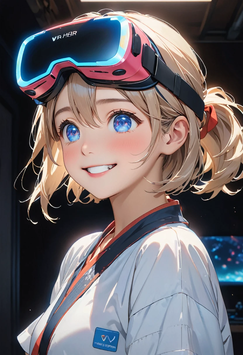 Highest quality、High resolution、Detailed Background、(Beautiful face in every detail:1.4)、Anatomically correct、Normal number of fingers、Highly detailed face、Detailed eyes、-yeld an girls、Perfect body line、Light color hair、Braided bob cut、ponytail、well-groomed eyebrows、Extremely excited、
(Excited girl wearing VR goggles in a dark room:1.5)、
His eyes are wide open and he is immersed in the experience inside the goggles.、Mouth slightly open or smiling widely、A part of the body is moving slightly、Your hands are shaking slightly or your body is swaying back and forth、A slight redness on the face and neck due to an increased heart rate、Totally immersed