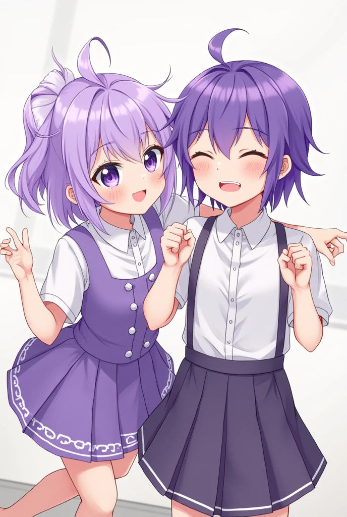 Two anime characters a purple haired man and a purple haired woman, they were both happy looking at the camera