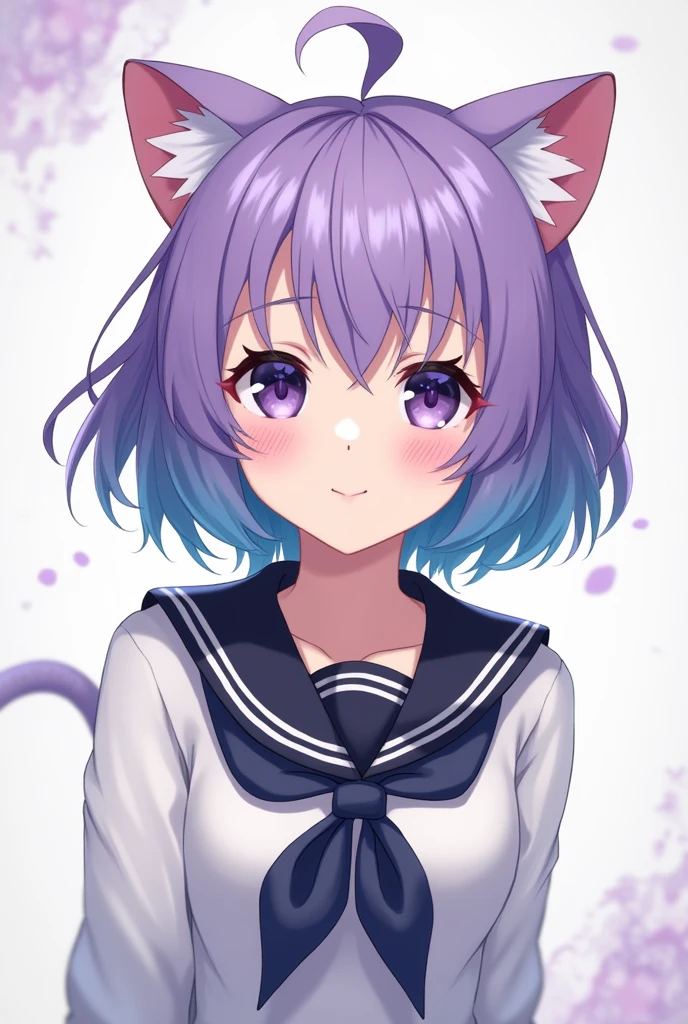 A girl with cat ears, short violet hair with blue tips, dark eyes, and a school uniform.