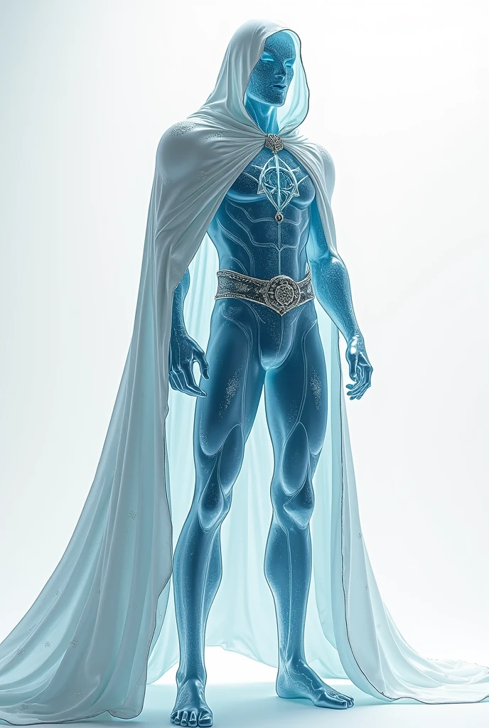 Humanoid man made of faceless crystals, His body is translucent and filled with mist inside with rune symbols all over his body, with a white hooded cape with light fabrics that spread to the floor in silver details, image without background in dc comics art style