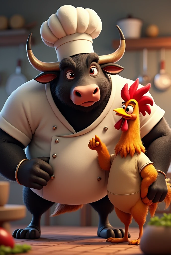 Animated image of a muscular buffalo chef with a rooster chef fist bumping in a friendship pose looking straight ahead