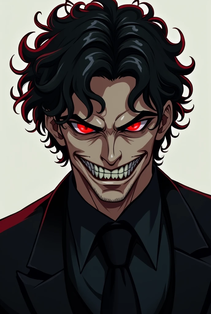 Anime man over 40 years old, curly hair, black color with dark red highlights, Red eyes, a big evil smile, black suit.