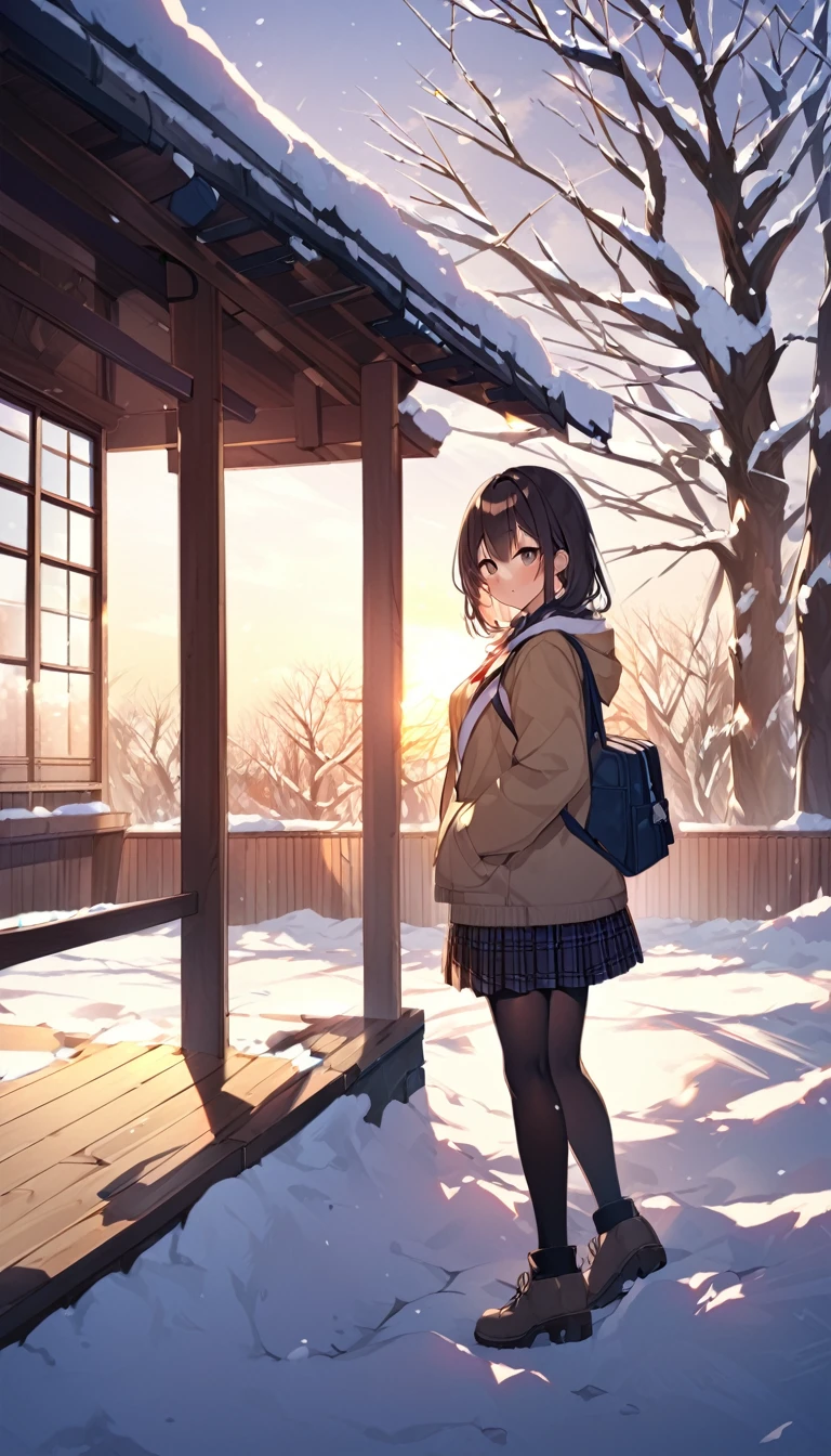 One Woman、beautiful girl、after school、evening、high school girl、School、Back of the school building、winter、Keyaki Tree々、Snow all over、it's snowing、Snowfall、Blazer Uniform、Pleated skirt、Duffle coat、Scarf、Black knee-high socks、Long Hair、Scarfを着用する、Highest quality、Ultra HD、 Black Pantyhose、Thick thighs、Big Ass、Black Hair、Black panties、White Breath