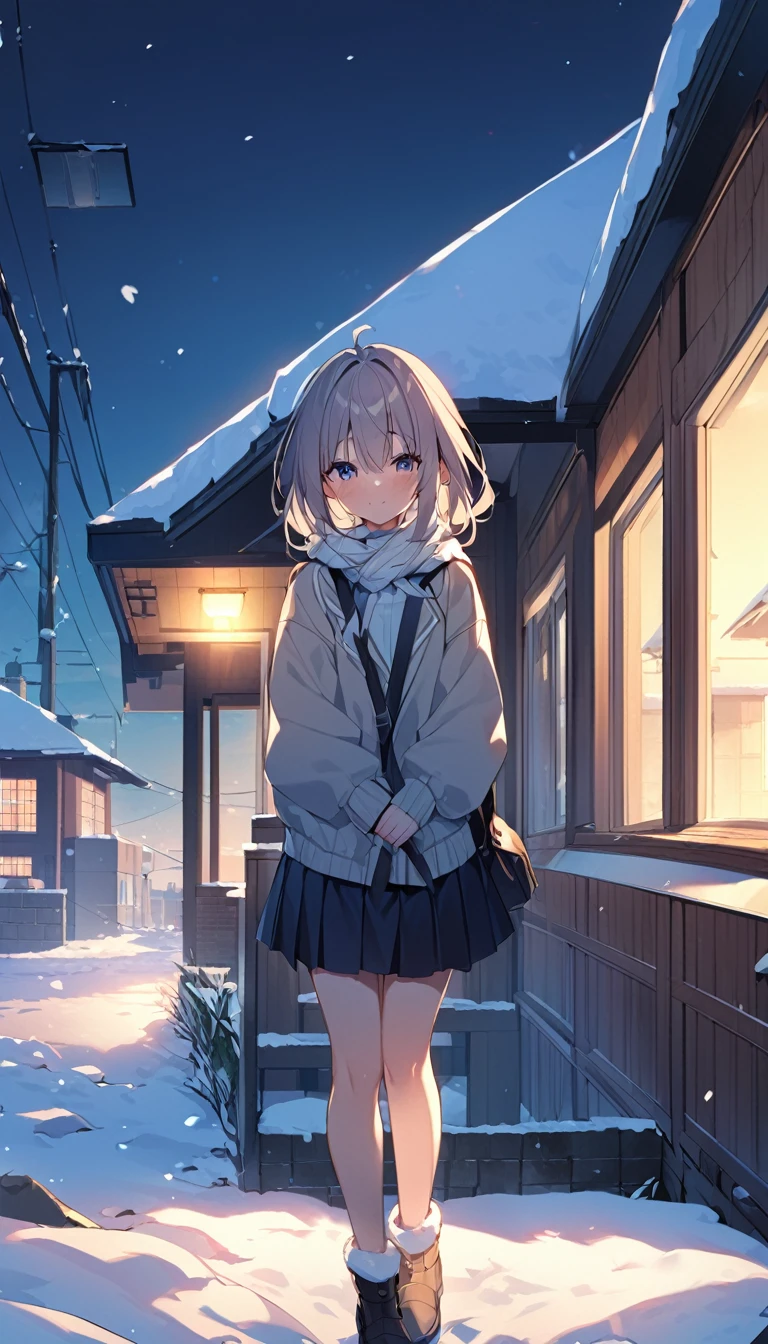 One Woman、beautiful girl、after school、evening、high school girl、School、Back of the school building、winter、Keyaki Tree々、Snow all over、it&#39;s snowing、Snowfall、Blazer Uniform、Pleated skirt、Duffle coat、Scarf、Black knee-high socks、Long Hair、Scarfを着用する、Highest quality、Ultra HD、 Black Pantyhose、Thick thighs、Big Ass、Black Hair、Black panties、White Breath