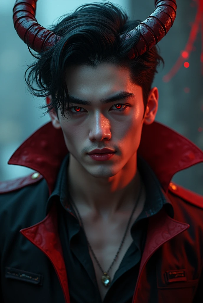 sehr young, Sexy male vampire, young, 19 years, Man with demon horns, black hair and red eyes, sehr young, smile, smile, vampire teeth