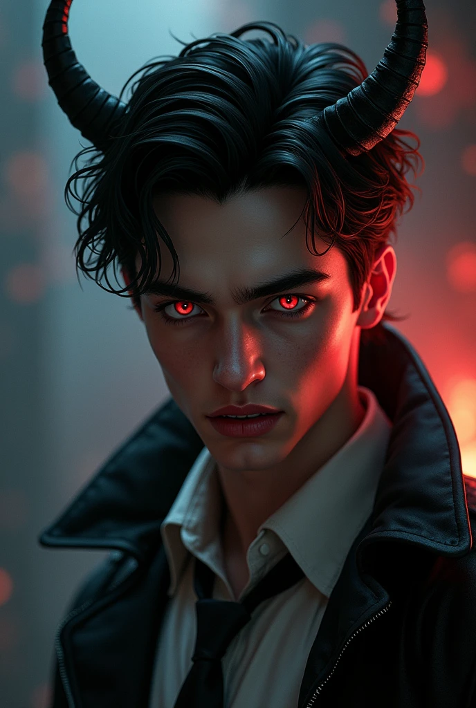 sehr young, Sexy male vampire, young, 19 years, Man with demon horns, black hair and red eyes, sehr young, smile, smile, vampire teeth