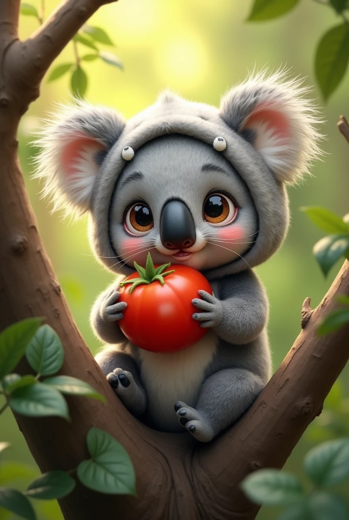 Baby koala dressed as a cat in a tree eating a tomato super cute