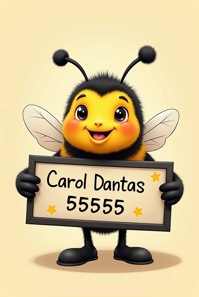 generate an image of a cute bee holding a sign with the number and name "Carol Dantas" and number
"55555" with black and yellow colors to use as a header 
