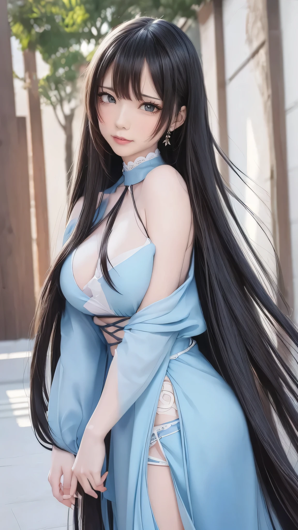 Anime girl with long black hair and blue eyes，Smooth anime CG art，Realistic anime 3 D style，Realistic anime art style，Detailed digital anime art，Digital anime illustration，Realistic anime art style，Kawaii realistic portrait，detailed portrait of an anime girl，a beautiful anime portrait，photorealistic anime girl rendering，Realistic young anime girl， portrait anime girl