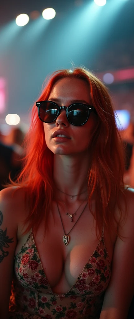 beautiful redhead Caucasian European woman, (innocent:1.4), , iPhone xmax photo, , at a heavy metal rock concert, (wearing flower short sundress and sunglasses:1.4) , heavy metal rock concert background, sitting, extremely crowded rock concert, deep large breasts, g0thg1rl, freckles , gothic style innocent 2 girl, skin imperfections, (freckles:0.6)