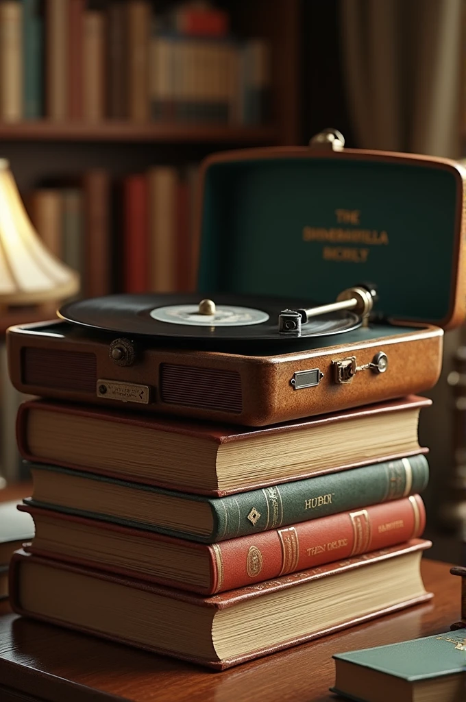 A stack of books with a record player on top of it