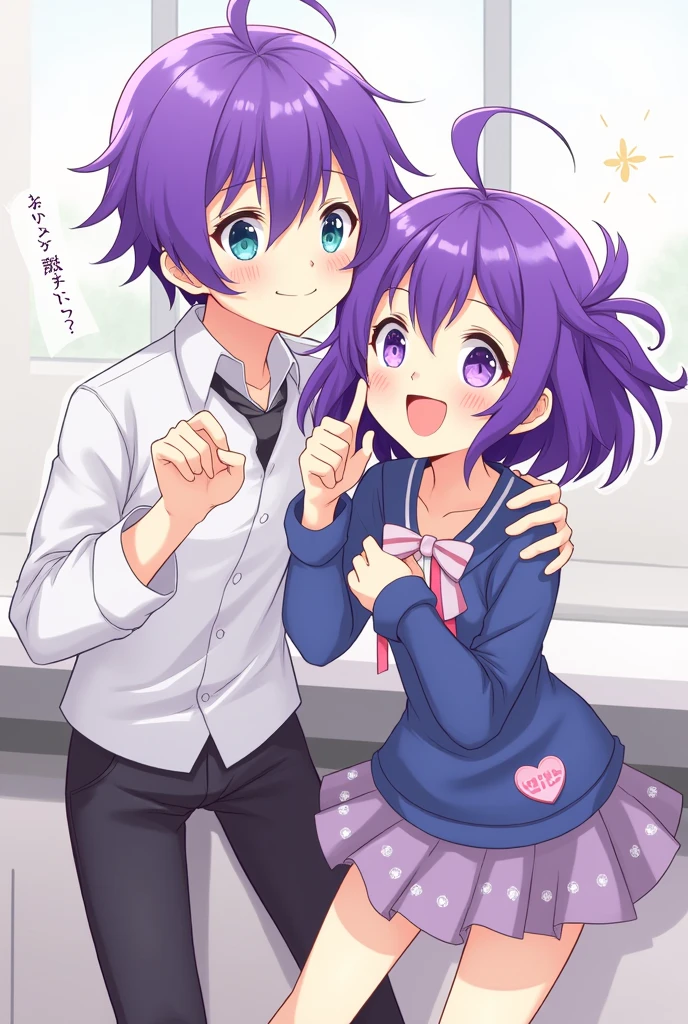 Two anime characters a purple haired man and a purple haired woman, they were both happy looking at the camera 