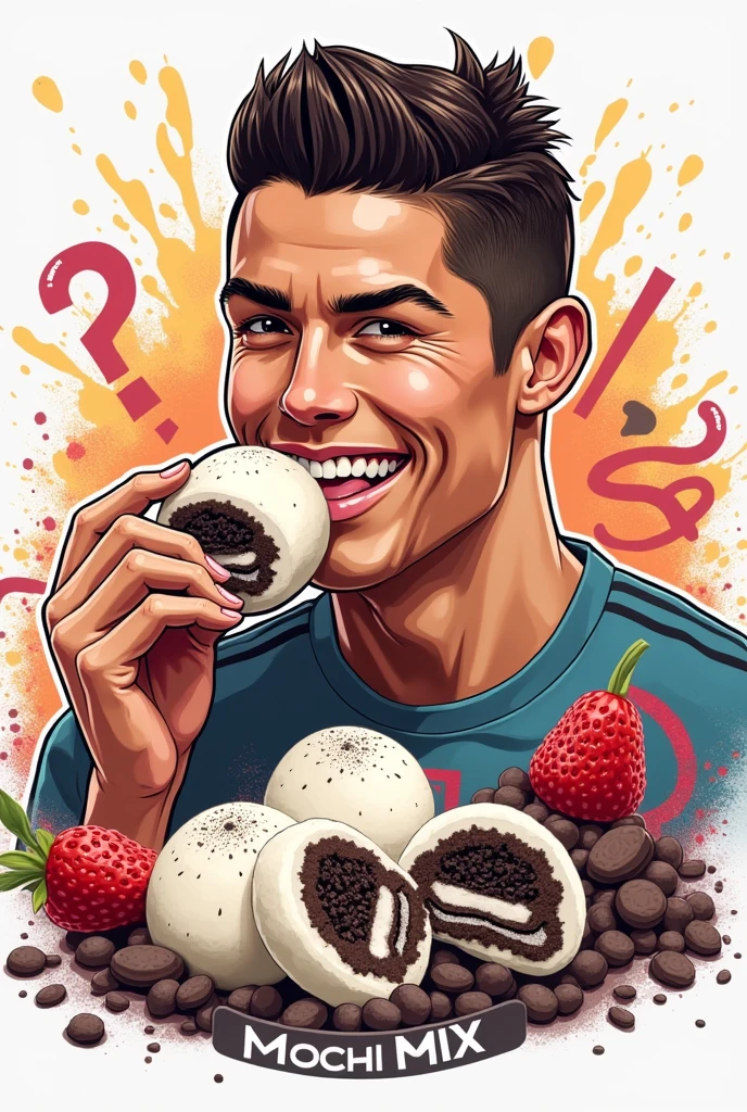 Create a logo with a mochi in the middle and Cristiano Ronaldo eating an oreo mochi and a text in the image saying mochi mix more realistically