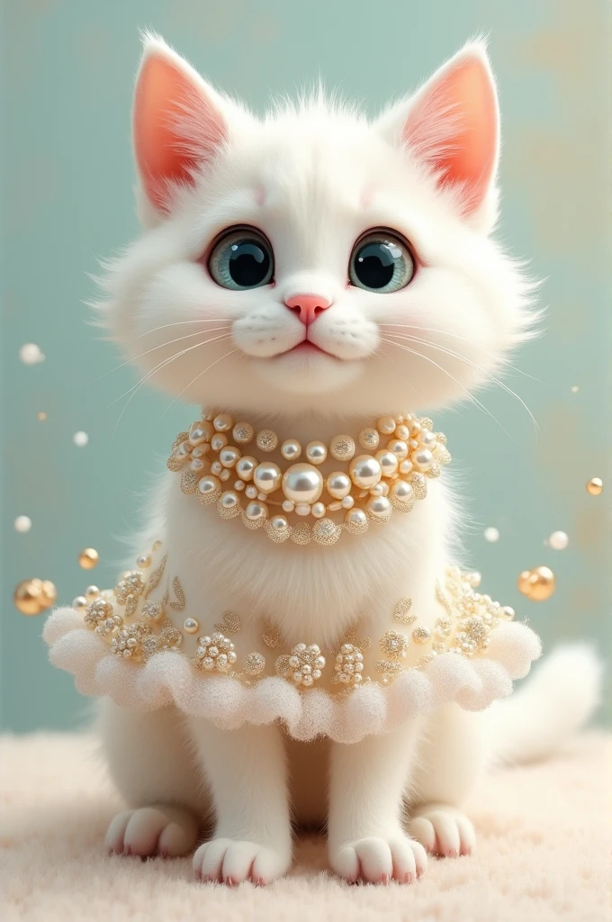 A cute white  cat dressed in pink frock made of pearls and white leggings 