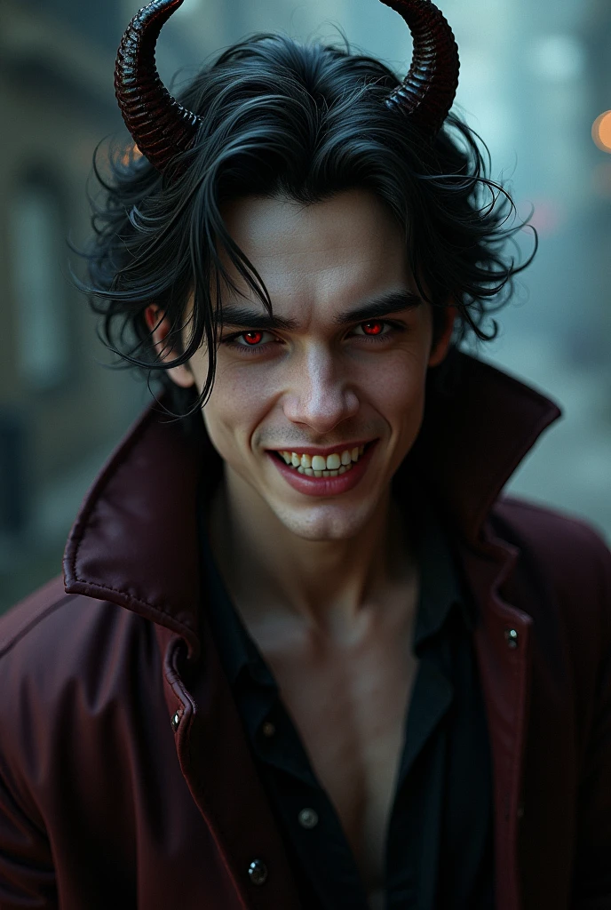 sehr young, Sexy male vampire, young, 19 years, Man with demon horns, black hair and red eyes, sehr young, smile, smile, vampire teeth