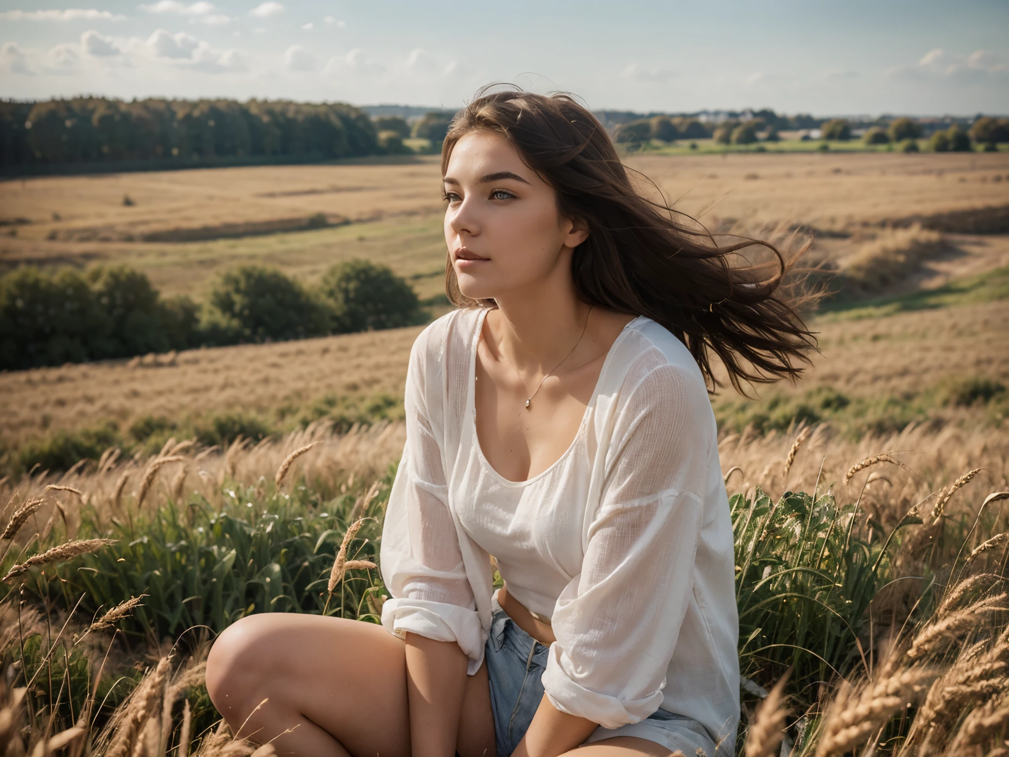 21 year old young woman with dark brown hair sitting in a feild of wheat. the wind blowing her hair behind, a picture for a perfume