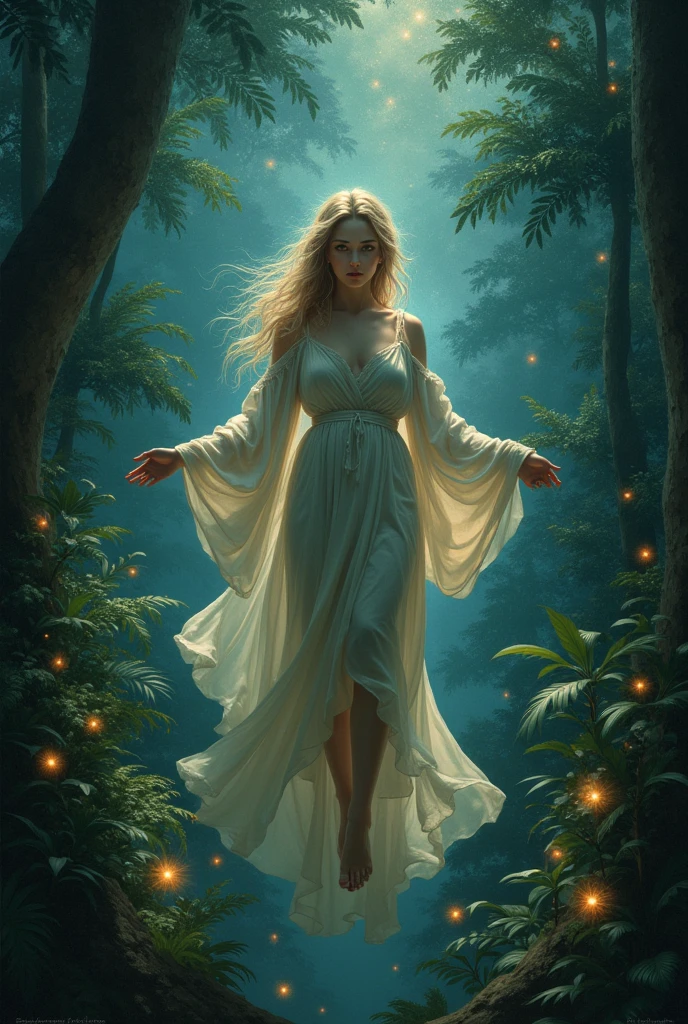 hyper detailed masterpiece, Dynamic, great quality,Floating Elf Portrait DonMW15pXL ,jungle,starlight,firefly,dark,Gothic