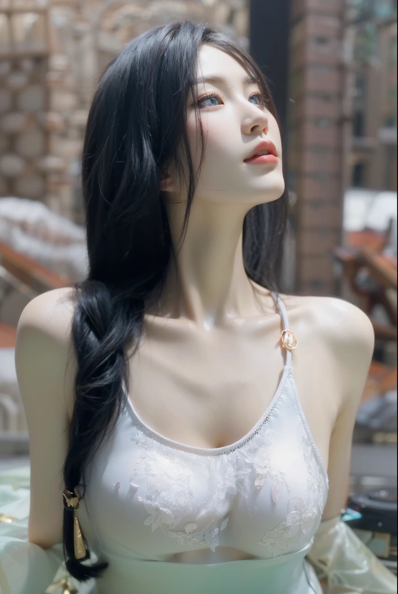 Game Art，Best image quality，Maximum resolution，8K，(A bust photo)，(portrait)，(Head close-up)，(Rule of Thirds)，Unreal Engine 5 rendering works，20 year old girl，((Queen))，The eyes are very detailed，(Large Breasts)，Elegance and nobility，Light，Light线追踪，Game CG，((3D Unreal Engine))，OC rendering reflection mode，4K，Ultra-clear，Sensual，Translucent lace，Fair and plump figure，Pretty Face，Light泽凝胶涂层，身着华贵礼服的Queen，Crystal Gem Crown，Necklace jewelry，blue eyes，The tattoo is very three-dimensional，Gorgeous and intricate tattoo designs，Ultra-clear portrait，Sexy body，Temple Princess，Looked up，Body in the pool