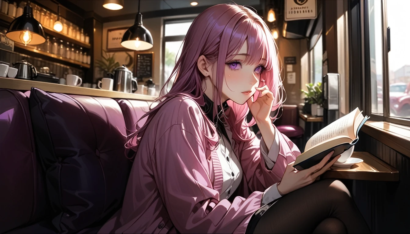 Illustrator, anime , Realistic ,sketch, 1 person, ,lip,sitting on a sofa in a cafe in the morning,Drinking coffee and reading a book,(masterpiece,Highest quality) Pink and violet hair,Droopy eyes, (masterpiece,Highest quality) ,whole body,Left hand supporting face,
