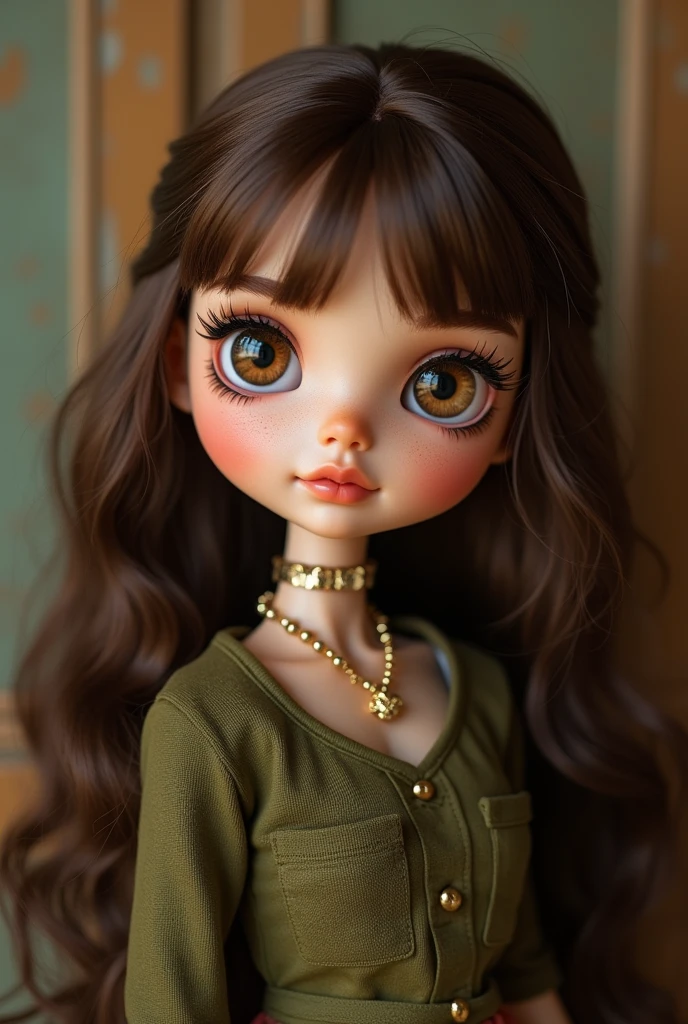 Make a one blythe doll with light brown wavy hair, brown eyes and white skin and WITHOUT BANGS