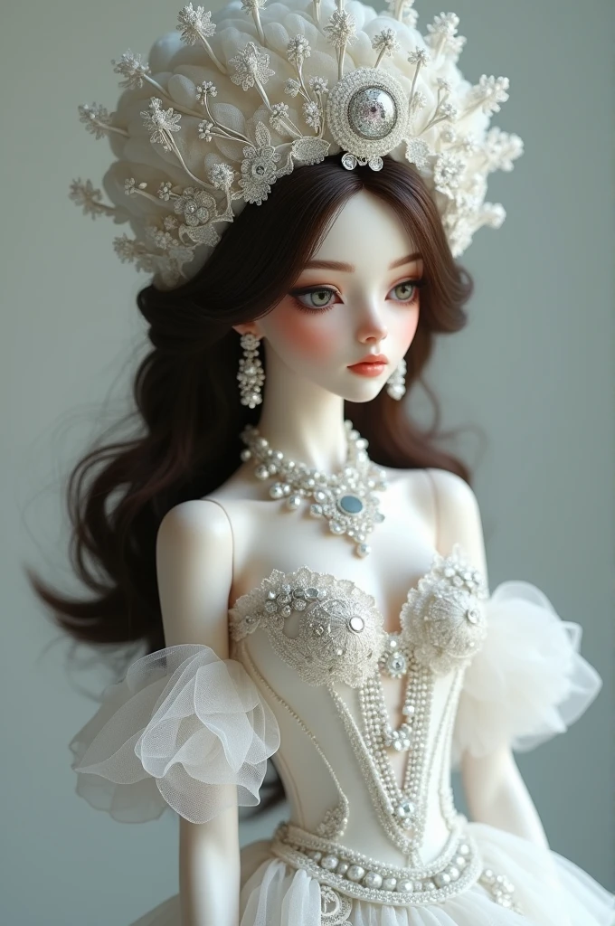 Brunette doll dressed in white with a white and silver turban and necklaces