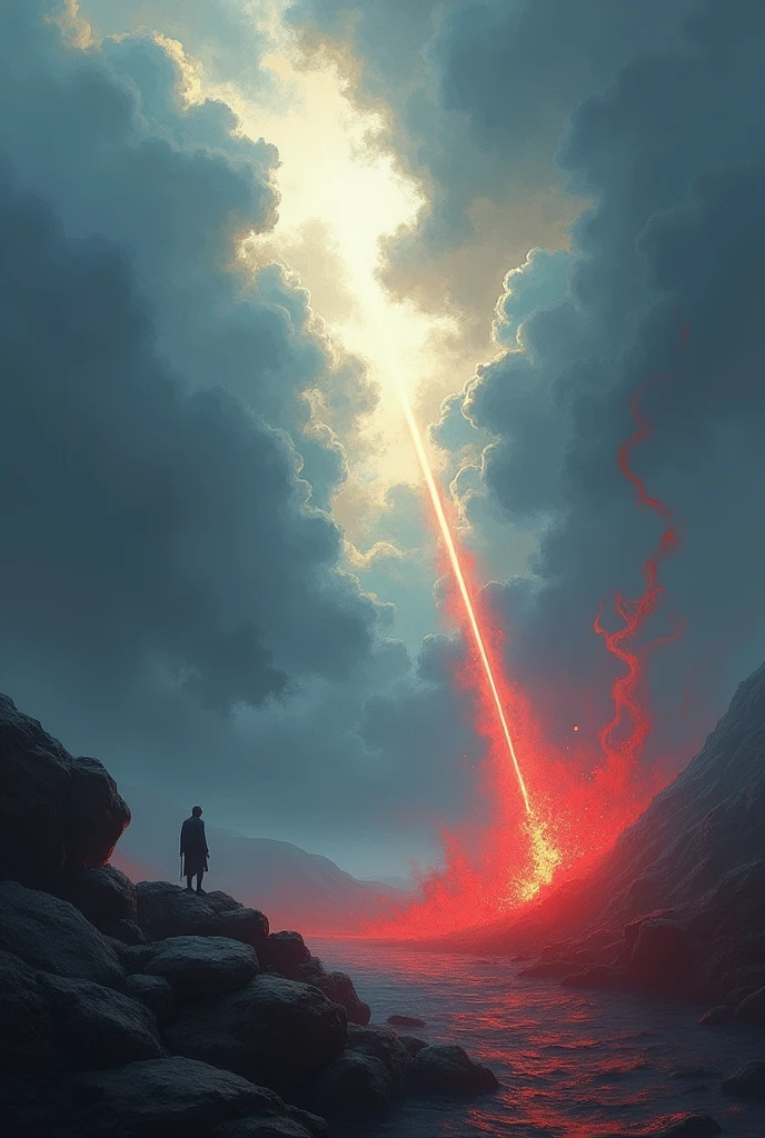 Creates a light swooping from left to right coming out of clouds, and on the lower right side a red mist in a realistic style painted with colored pencils