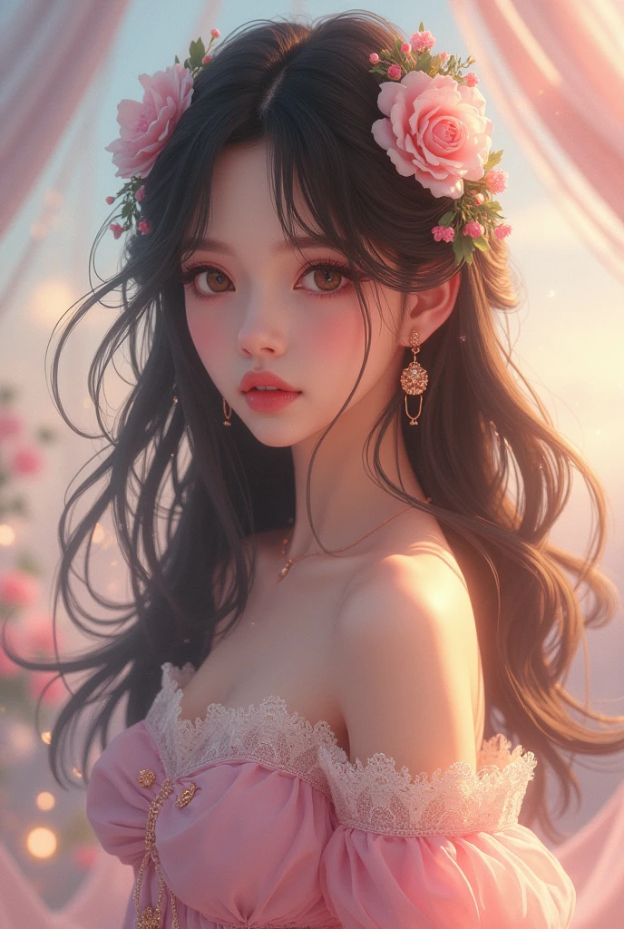 a beautiful lolita girl, 1girl, elegant dress, long wavy hair, cute, kawaii, sparkling eyes, long lashes, perfect skin, soft lighting, pastel colors, fantasy, digital painting, (best quality,4k,8k,highres,masterpiece:1.2),ultra-detailed,(realistic,photorealistic,photo-realistic:1.37),intricate details, delicate, whimsical, dreamlike