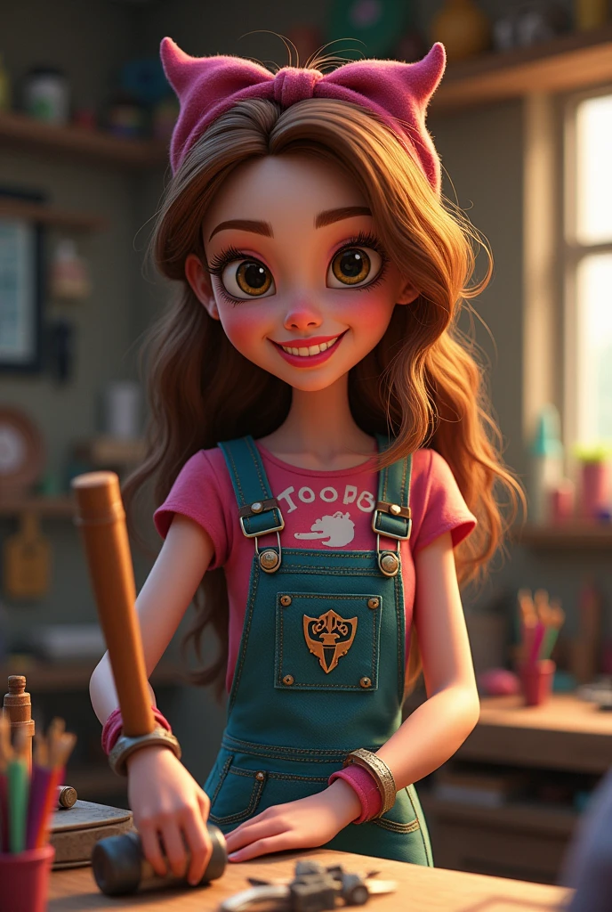 monster high woman with brown hair and brown eyes, holding an hammer ad building something with an happy face 