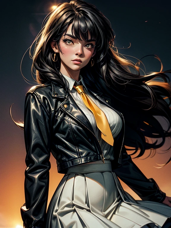 1girl, intricate detail, masterpiece, best quality, extremly detailed,cinematic lighting, beautiful detailed glow, finely detailed beautiful face and eyes, 8k, dark intense shadows, yellow eyes, medium hair, black hair, bangs, floating hair, black jacket, open jacket, white shirt, expressionless, yellow necktie, black skirt, spotlight, sunshine, sunrise, gradient sky, city, lens flare, cowboy shot, [[curvy]], [mature female]