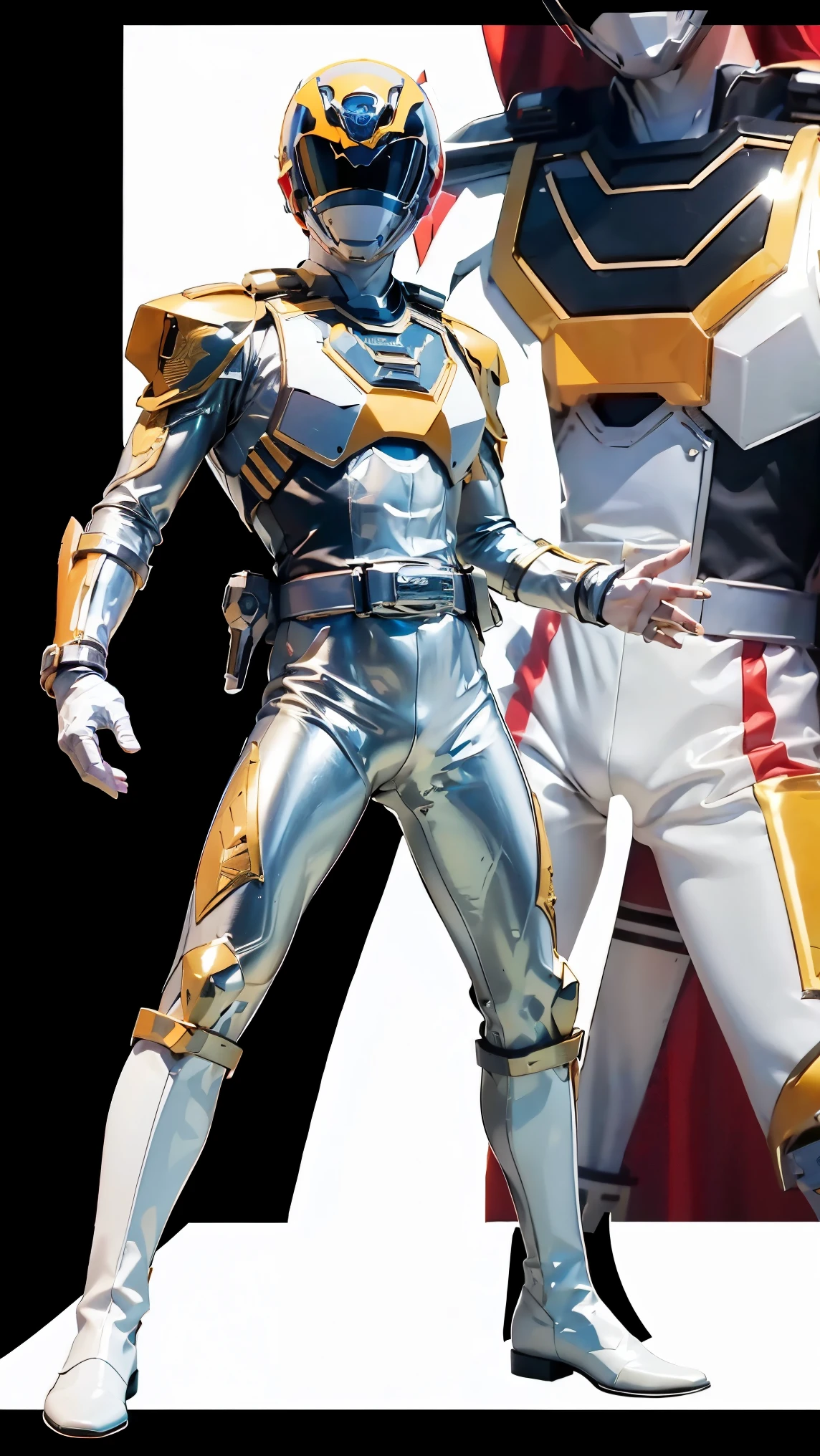 1boy, full body, Illustration, cinematic light, high resolution, best quality, ultra detailed, masterpiece, power suit, powerranger, suit, spd, (Silver and Gold chestplate), gold detail, (((white suit))), dynamic pose, Police pose,