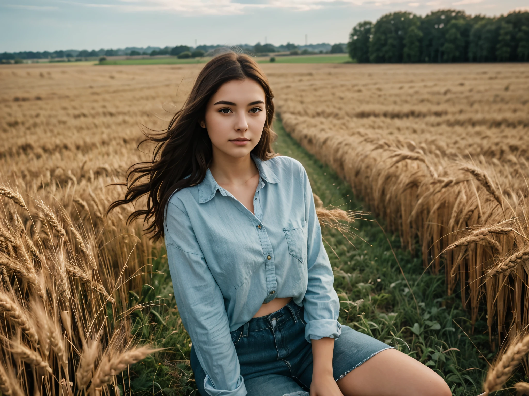 generate a 21 year old young woman with dark brown hair sitting in a feild of wheat. the wind blowing her hair behind