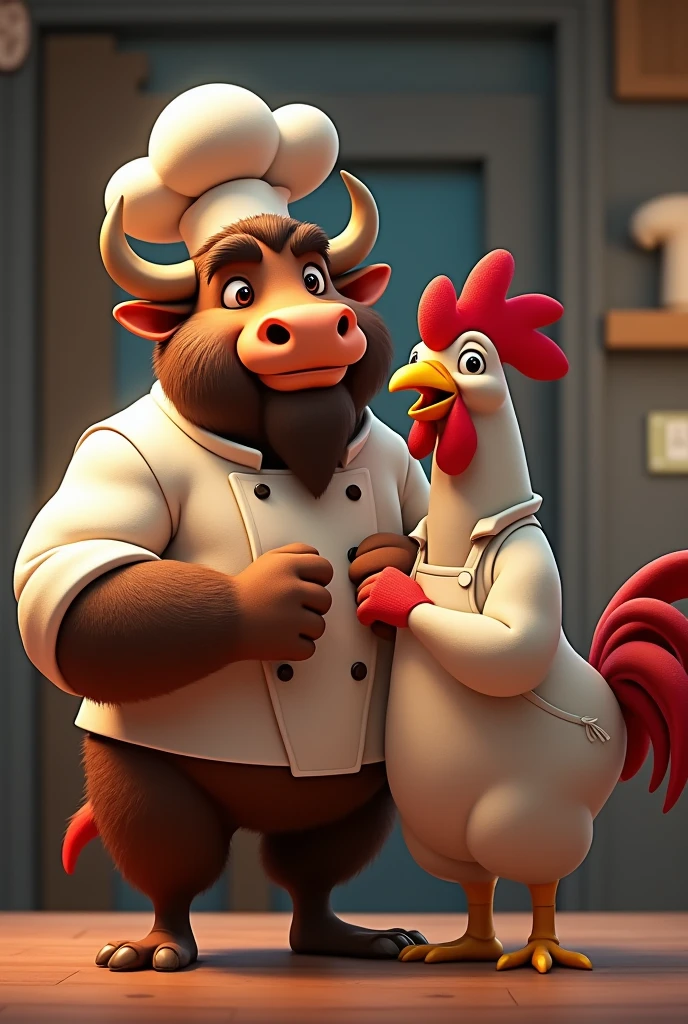 Animated image of a muscular buffalo chef with a rooster chef fist bumping in a friendship pose looking straight ahead