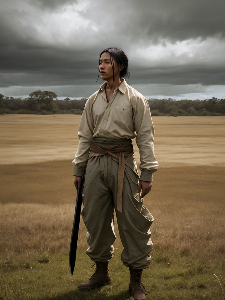 1 person standing in a grassy field, cloudy sky, cream colored long sleeve shirt and baggy pants, dark sash around waist, wrappings on wrists, holding machete in right hand, face obscured by brown rectangle, adventure, resilience, fantasy, historical