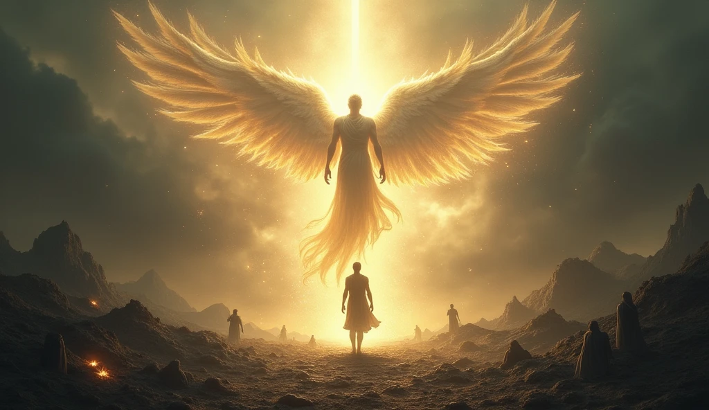 Create a powerful and protective image inspired by the phrase 'For he will deliver you from the snares of life and protect you from deadly diseases.' Visualize a scene where a divine figure, symbolizing God, is actively shielding a person from various dangers. Depict traps or snares on the ground being avoided or broken by divine intervention, and dark, ominous clouds or shadowy figures representing diseases being repelled by a radiant, protective light. The setting could be a rugged path or a perilous landscape, with the divine figure standing as a barrier between the person and these threats. The overall atmosphere should convey a strong sense of protection, divine intervention, and the assurance of safety from life's dangers