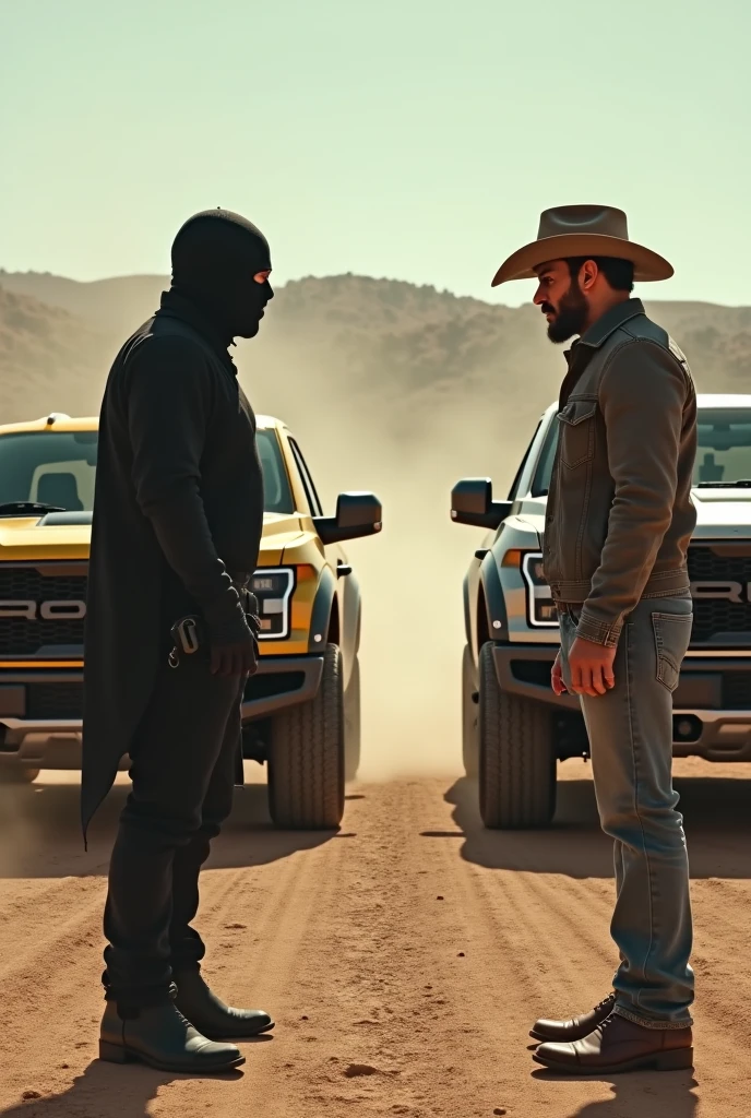 Cartel wearing balaclava and cowboy in a ford raptor