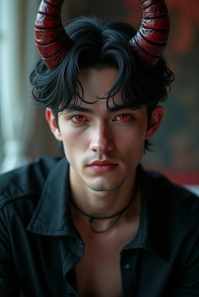 sehr young, Sexy male vampire, young, 19 years, Man with demon horns, black hair and red eyes, sehr young, smile, smile, vampire teeth