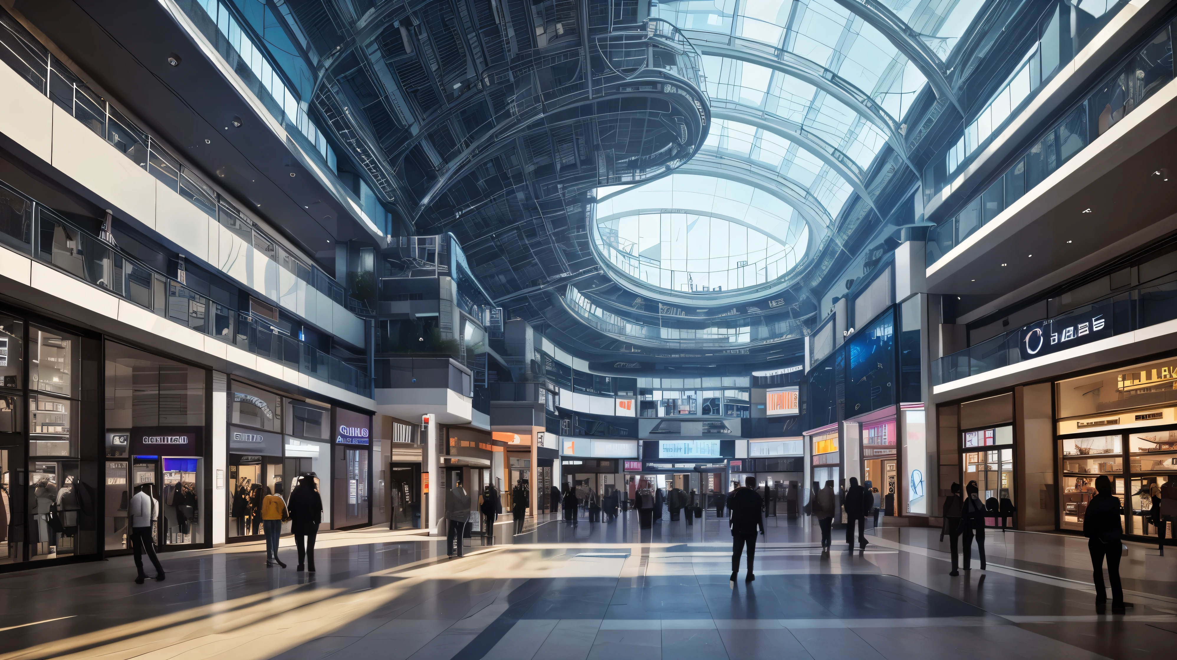 scifi, futuristic mall, architectual, space design, cyberpunk, futuristic, hightech, hard-surface design, daylight, much tech, much electronic, very cozy, ambient light, realistic view, wide angle, year 2124