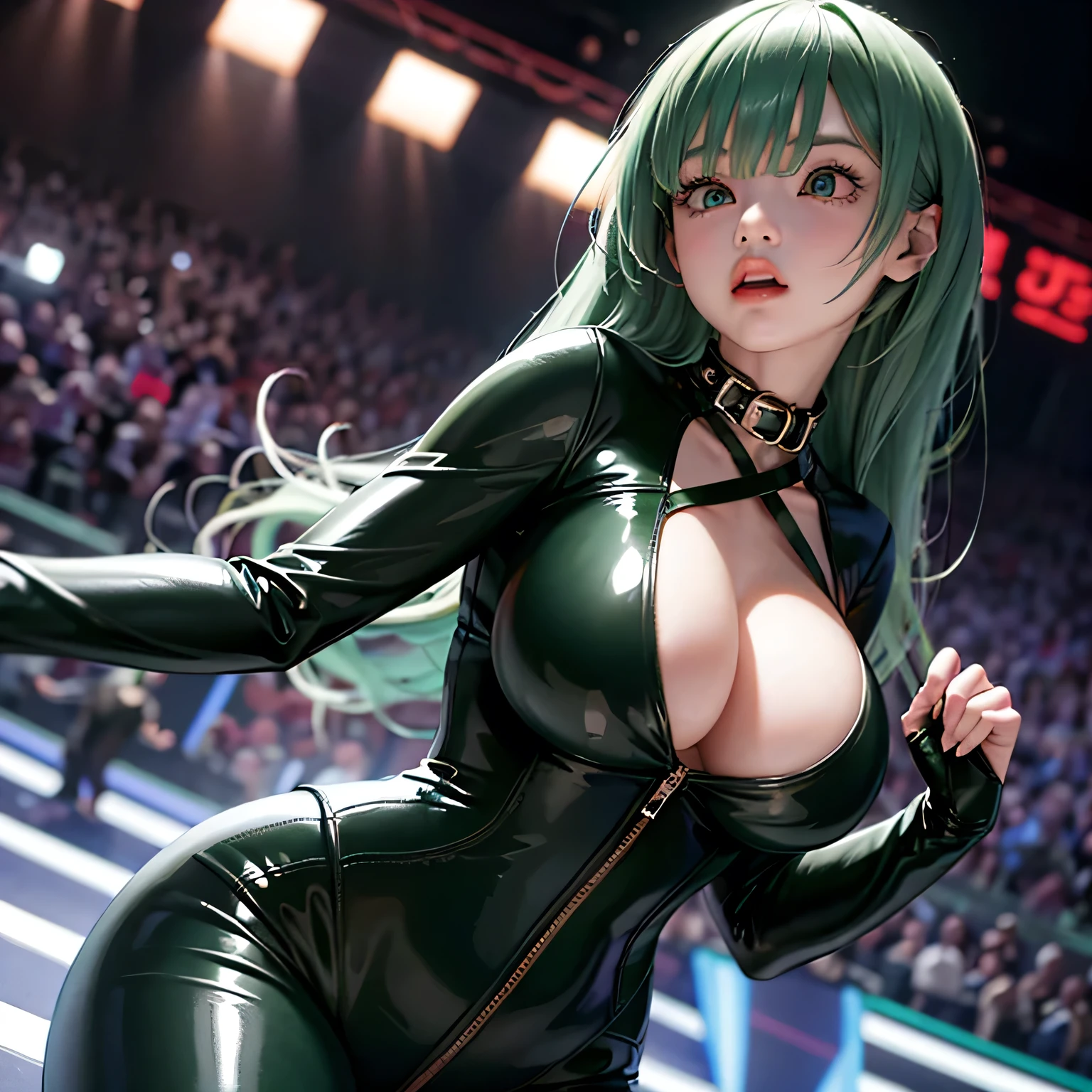 From below,Woman in dark green tight latex clothing,by myself,stand up,Raised hand,((huge breasts cleavage)),Huge breasts,(Surreal Breasts )((Very ample breasts)),((Extra Large)),Big breasts and small waist,(((Very large breasts))),Worried look,Attractions