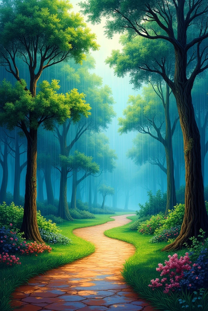 generates a painting of the drizzle park in Venezuela with the impressionism technique of Van Gogh's starry night.