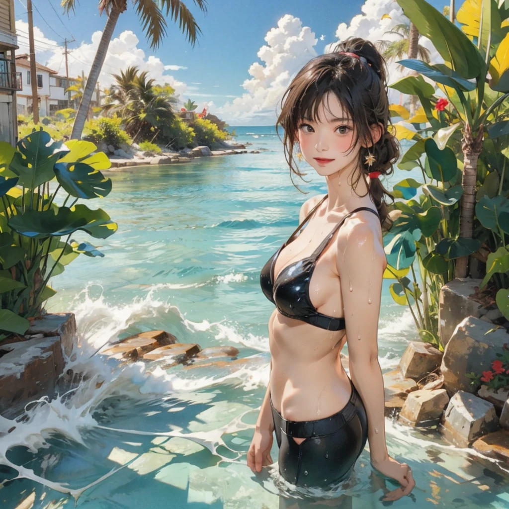 ((highest quality, masterpiece, High resolution)), ((reality)),Photos of beautiful Japanese women,((anime art))、 (((1 girl))), normal size breasts, slim body shape, long ponytail,double eyelid, Wet see-through bikini,Clean abs, A pareo with bold ethnic patterns and plenty of primary colors、(Brown skin:1.4),realistic skin、Wet,whole body,cinematic light、tropical、Against the background of palm trees on both sides、on a sunny beach、With the sea in the background、blur background、smile