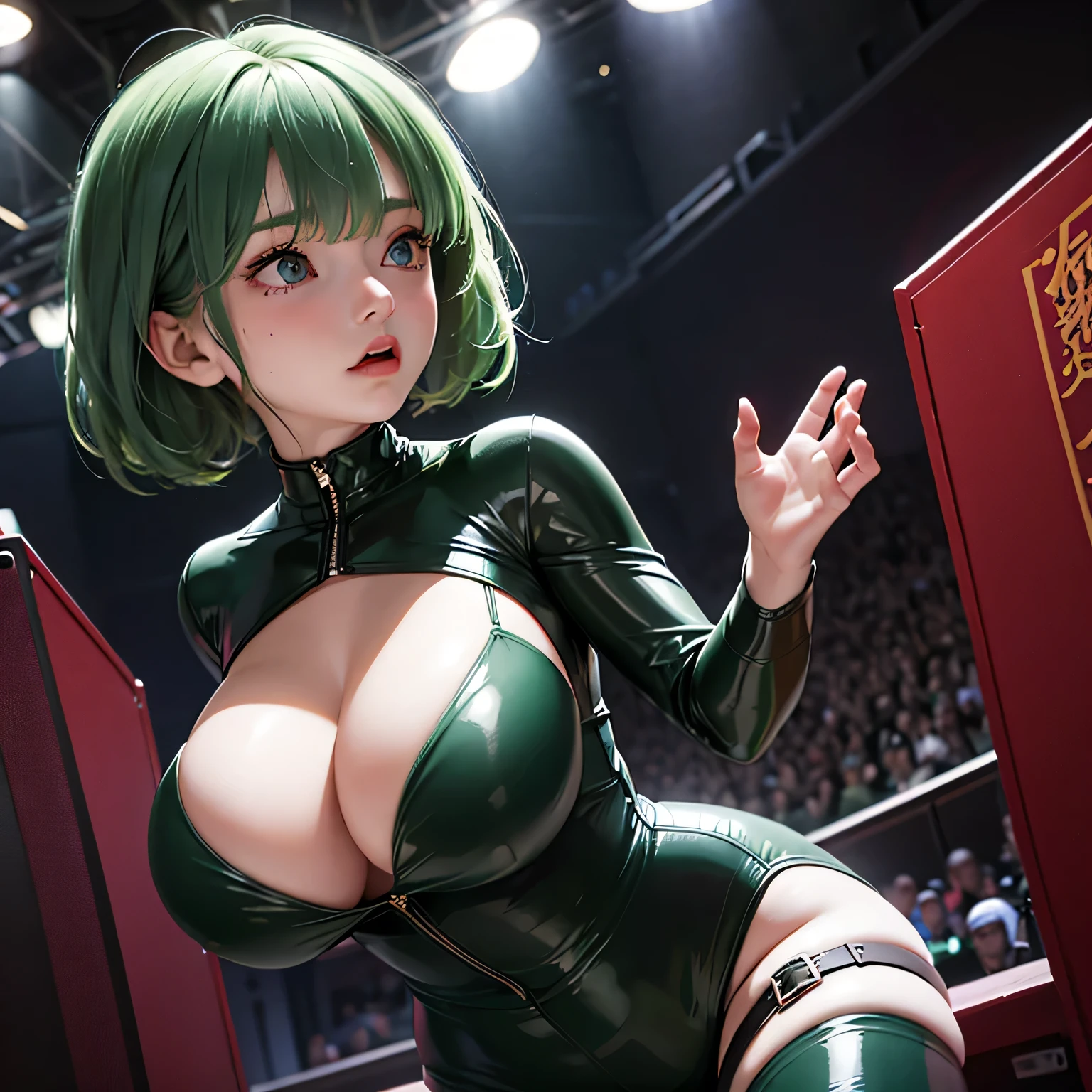 From below,Woman in dark green tight latex clothing,by myself,stand up,Raised hand,((huge breasts cleavage)),Huge breasts,(Surreal Breasts )((Very ample breasts)),((Extra Large)),Big breasts and small waist,(((Very large breasts))),Worried look,Attractions