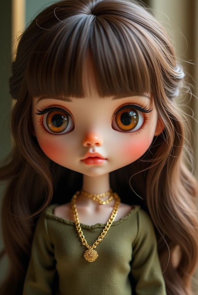 Blythe doll with brown eyes, wavy brown hair, curtain bangs, olive green top, gold jewelry, long eyelashes, and thick eyebrows.