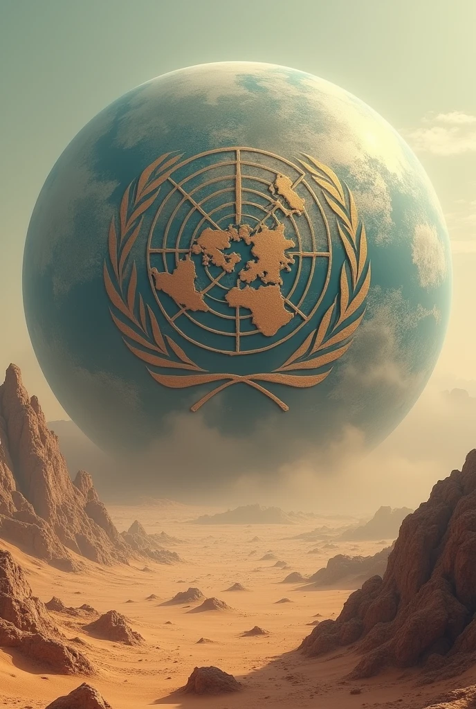 Image of the desert planet Earth with the logo of the United Nations Organization  