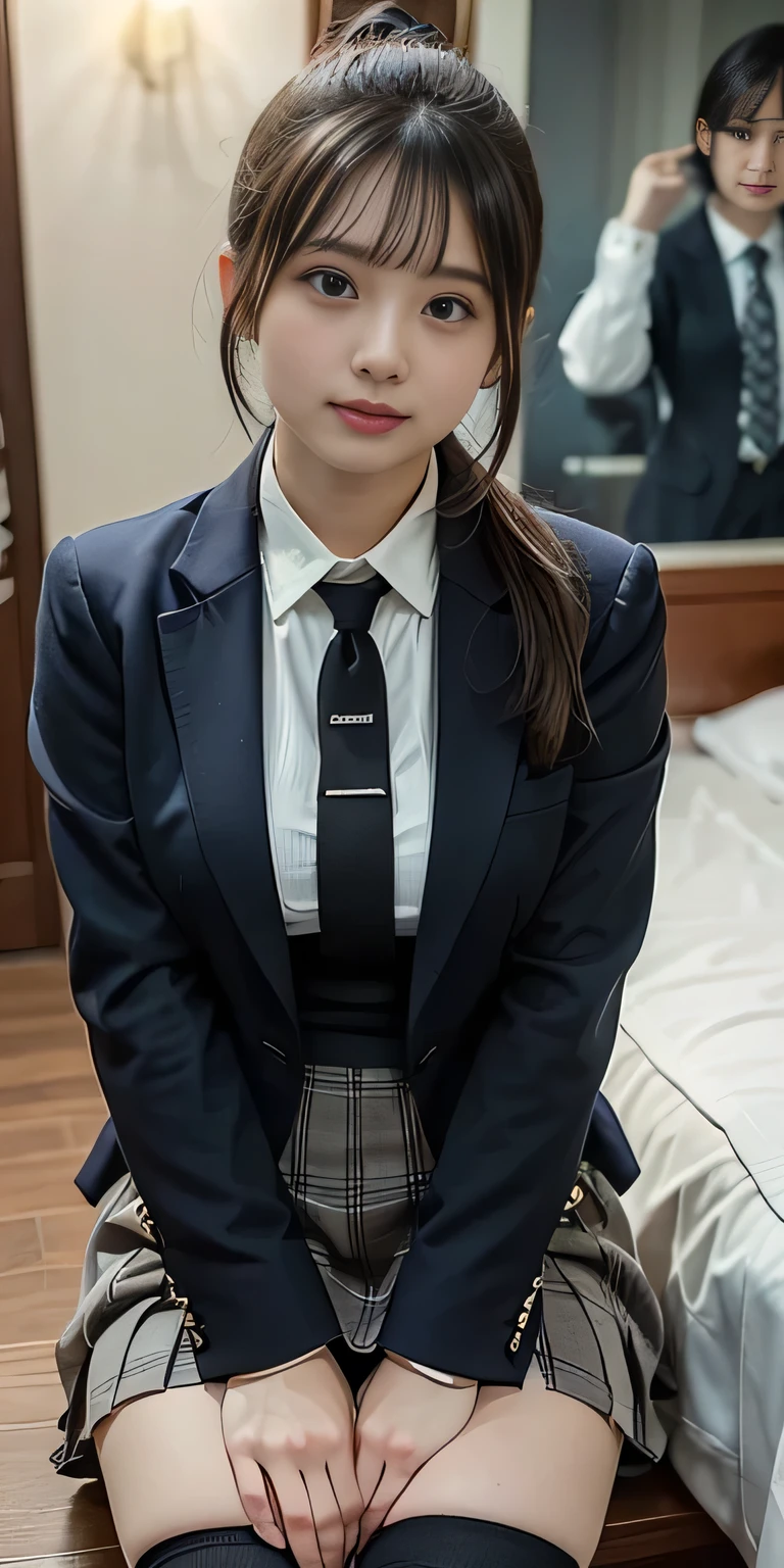((masterpiece:1.4))、((flying debris:1.4))、((A woman with light brown ponytail hair:1.4))、((Wear a grey checkered pleated skirt:1.4))、((黒色のタイトなWearing a suitいる:1.4))、((Stand in the hotel bedroom))、very Sexy Costumes, 厳格なWearing a suitいる、Stylish and gorgeous cosplay, Sexy Costumes, ファッションWearing a suitいる, Wearing a suit, Dress appropriately、((黒色のWearing a suitいる:1.4))、Sexy look, suit、((黒いWearing a suitいる:1.4))、黒いWearing a suitいる、((Confused expression:1.4))、((Black knee-high socks:1.4))、