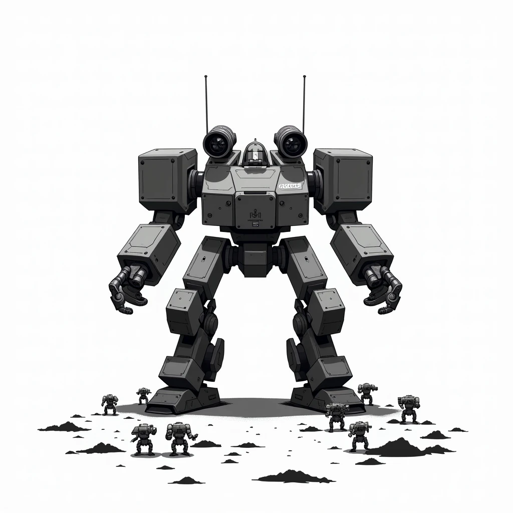 A mech with two legs and outfitted with huge square gladiator type of shields and mini guns on its shoulders, surrounded by tiny mechs on the sides, full body frontal, simple_background, white_background, reggie steel, metallic, black sand, laser sight, owtech, sci-fi, stylized, ghibli, flat monochrome drawing, light and shadow realistic, cyberpunk, futuristic, digital art, best quality, graphic animation, sfw, starsector, sci-fi style, high-tech product, sci-fi, fantasy, very detailed detail, digital painting, Trends on artstation, concept art, sharp focus, illustration,