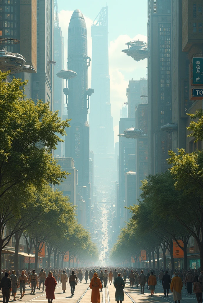 Big Street, Allee, Spaceships, different species, Futuristic buildings, real style