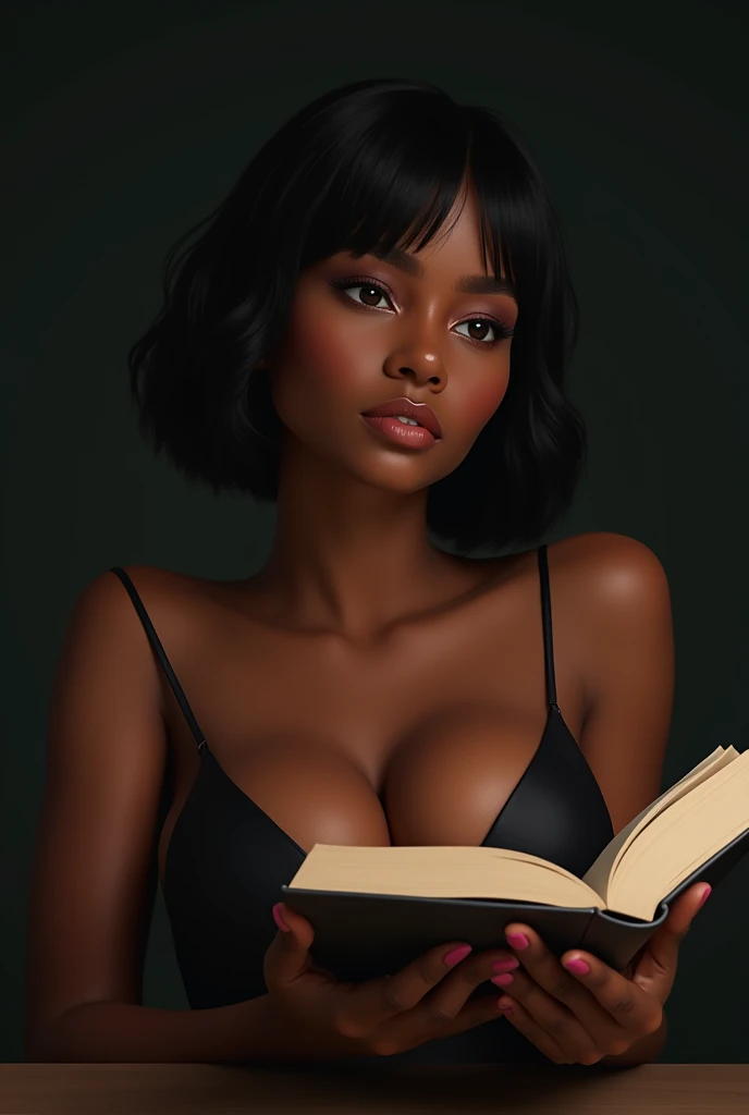 Beautiful black girl, student, holding book and pen, seductive, pose, cute, low haircut, sexy pose, realistic, high esolution, detailed, black background