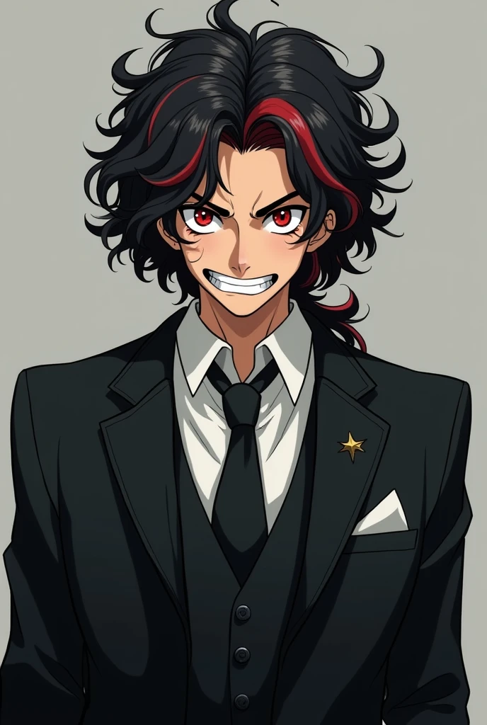 Anime man over 40 years old, curly hair, black color with dark red highlights, Red eyes, a big cynical smile, black suit.